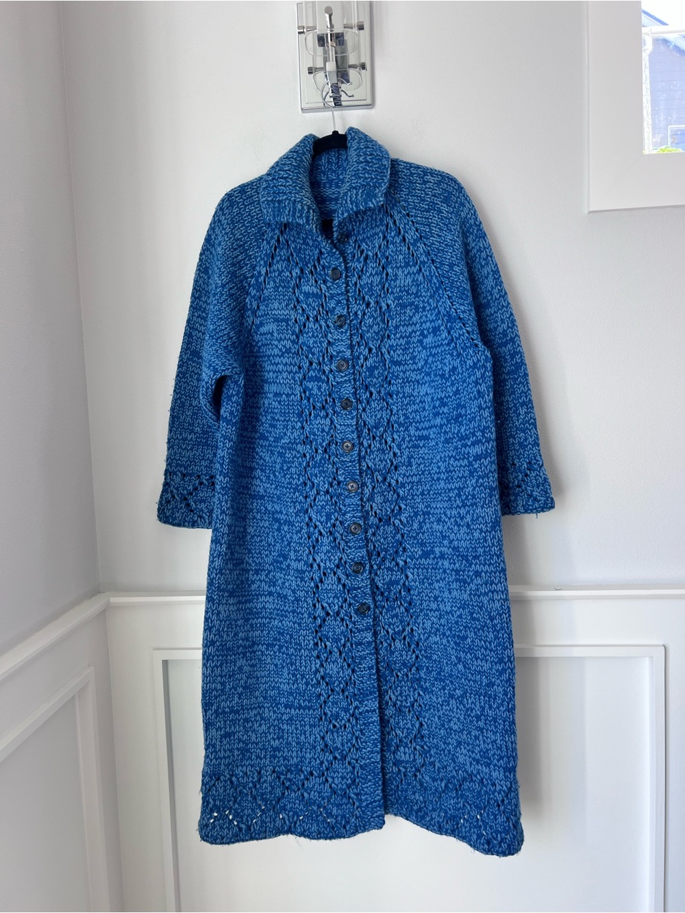 Blue Long Knit Button-Front Women's Sweater Coat Handmade size 1XL